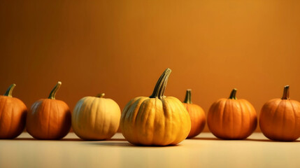 Pumpkins lining up isolated on orange color background, fall harvest, Thanksgiving and Halloween concept minimal autumn background.
