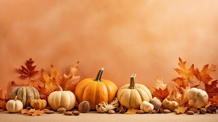 Naklejka na ściany i meble Pumpkins, squashs, nuts and maple leaves on orange background, Thanksgiving and Halloween autumn background with copy space.