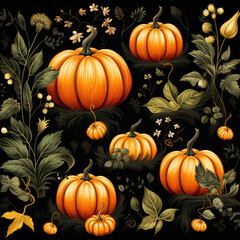 Elegant and stylish Halloween-themed wallpaper featuring intricately detailed pumpkins in various shapes and sizes