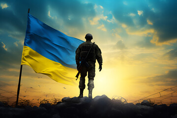Flag of Ukraine with silhouette of soldier against the sunrise or sunset. Concept - armed forces of Ukraine. Relationship between Ukraine and Russia. Generative AI - obrazy, fototapety, plakaty