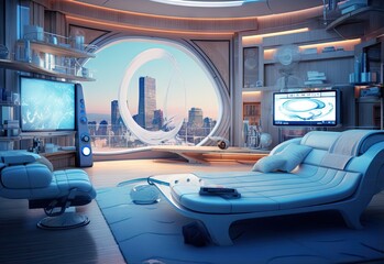 Obraz na płótnie Canvas Futuristic smart home interior created with AI
