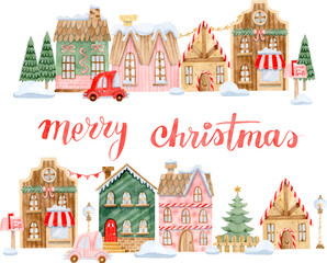 Watercolor Christmas village with colorful houses, cars, trees, and lettering Merry Christmas