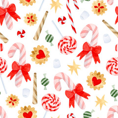Watercolor Christmas sweets, candy canes and cookies seamless pattern