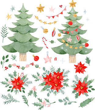 Watercolor Christmas tree constructor with Christmas decorations, poinsettia bouquets, and botanical elements
