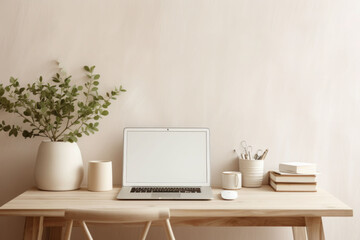 Obraz na płótnie Canvas Home office desk in a neutral color palette. A vase, laptop, a stack of journals. Simple composition. Generative AI