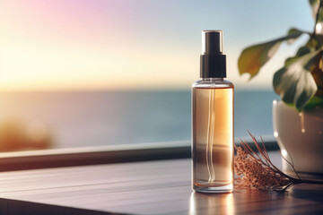 Glass cosmetic spray bottle on the table in morning rays with ocean on blurred background. Generative AI