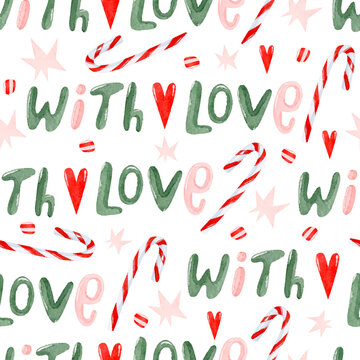 Watercolor lettering and candy cane seamless pattern, Christmas wallpaper