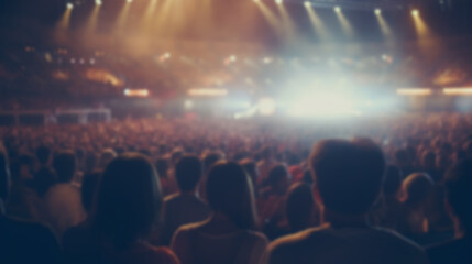 Fototapeta na wymiar Blur crowd audience watching live show in concert hall or venue stadium with festive lighting 
