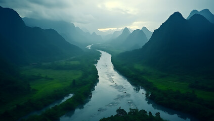 Beautiful landscape of river and mountains in the morning