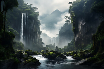 Tropical rainforest landscape with waterfalls and foggy clouds
