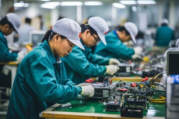Asian woman worker. Modern factory. AI generative