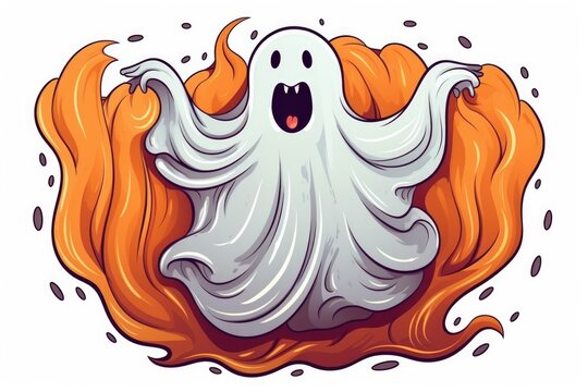 Cute funny cartoon ghost character with eyes and smile on flames background. Halloween concept.
