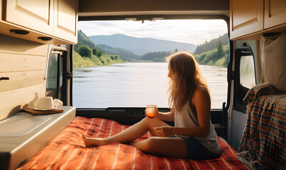 Camper girl relaxing inside camper van at riverside.