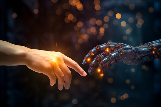 Hands of robot and human touch on big data network. Science and artificial intelligence technology. Generative Ai