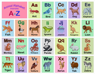 Set of Animal Alphabet poster design illustration for kids A to Z for education and game 