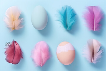 Easter background with colorful eggs, soft small feathers on blue background