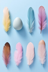 Easter background with  eggs and soft small feathers on blue background