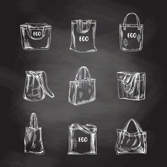A hand-drawn set of sketches of eco-bags.  Ecological concept, nature protection, textile linen bag. Doodle drawing. Vintage illustration.