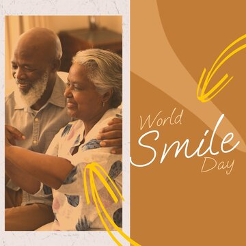 Composite of world smile day text and diverse senior couple smiling over arrows on brown background
