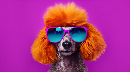 Creative poodle in glasses with colorful orange coat on a purple background