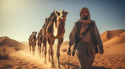Man is leading camels in the desert - obrazy, fototapety, plakaty