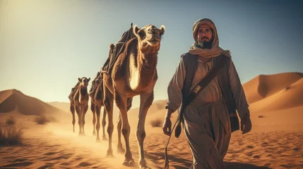 Tuinposter Man is leading camels in the desert © Milena