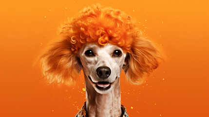 Creative cute poodle on orange background with copy space