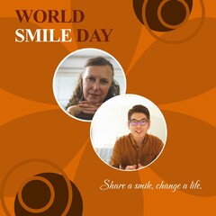Composite of world smile day text and diverse woman and man smiling over brown background