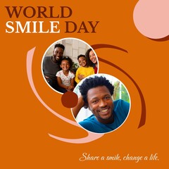 Composite of world smile day text and diverse people smiling over orange background