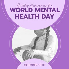 Composite of world mental health day text over smiling biracial girl