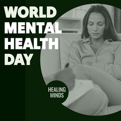 Composite of world mental health day text over depressed caucasian woman