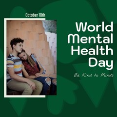 Composite of world mental health day text over sad caucasian couple