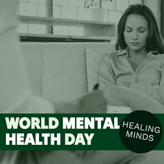 Composite of world mental health day text over depressed caucasian woman