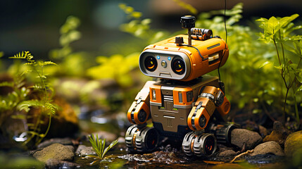 Forest ranger robot monitoring wildlife and plant health
