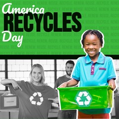 Composite of america recycles day text and diverse people with green recycling sign