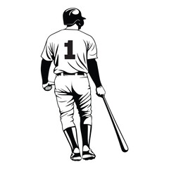 Isolated baseball player, full body, number on the back, back view, cartoon, vector logo, vector art, black and white vector logo icon.