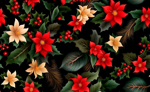  Christmas floral background with winter flowers, branches, berries.