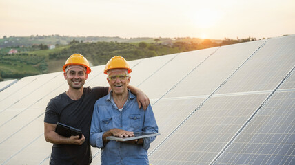 Multigenerational engineers working at solar panels factory outdoor - Photovoltaic, renewable green energy and environmental concept