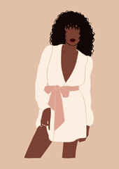 abstract young woman of color in white dress, lady in comfy summer outfit, beautiful black arican girl in loungewear, stay home and self-care concept, isolated vector illustration