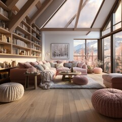 Cozy, elegant living room with comfortable sofa, plush pillows, and natural greenery.