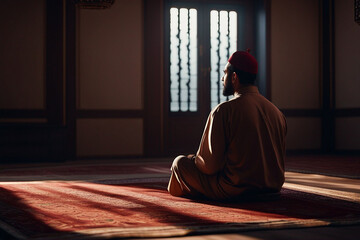 Muslim man sitting on prayer mat in mosque - obrazy, fototapety, plakaty