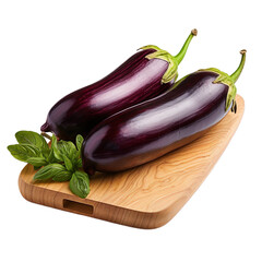 Eggplant, Brinjal & Aubergine on wooden plate, platter isolated on transparent background.