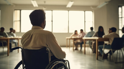 Rear view of Indian man in a wheelchair with office colleagues. Generative AI