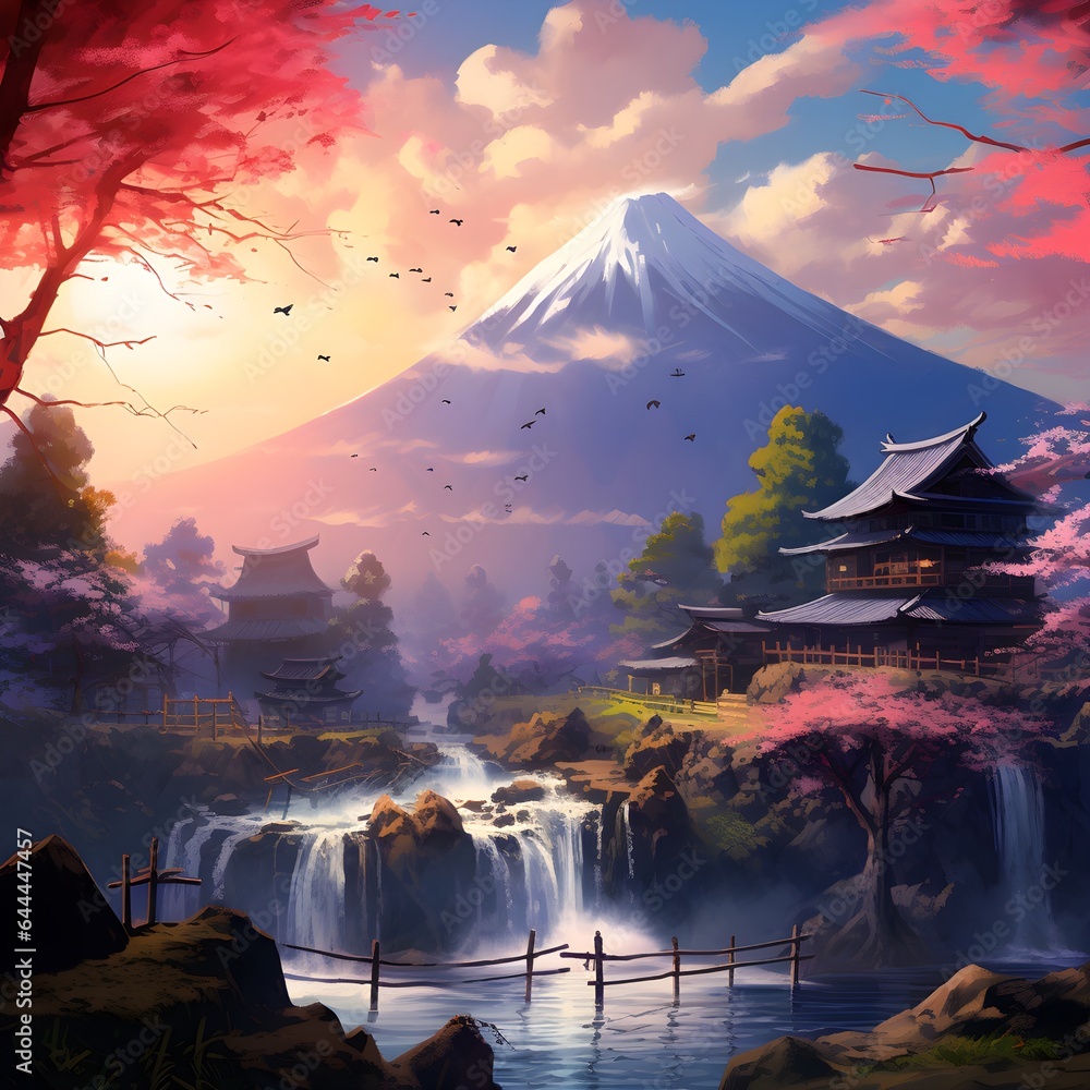 Wall mural Animation of pink Japanese natural scenery and castles, AI generative