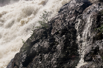 muddy turbulent stream under a rock during high water