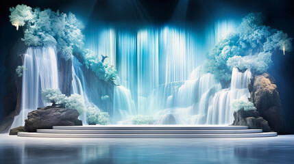 Pristine white stage with cascading waterfall backdrop - obrazy, fototapety, plakaty