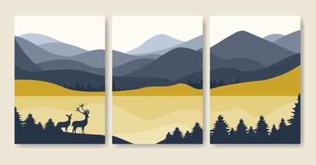 Aesthetic minimalist wildlife art poster set illustration. Deer in the forest