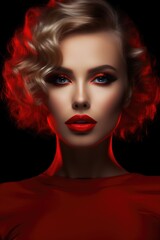 Naklejka na ściany i meble Portrait of a beautiful blonde girl in red clothes and with red lipstick on a black background