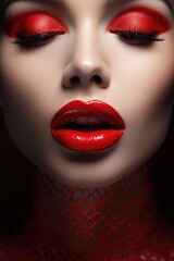 Girl's face with red eye shadow and bright lipstick