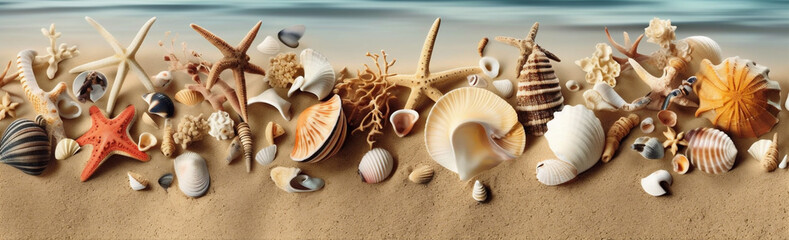 Fototapeta na wymiar sea holiday beach sand ocean summer nature tropical banner shell. Generative AI.
